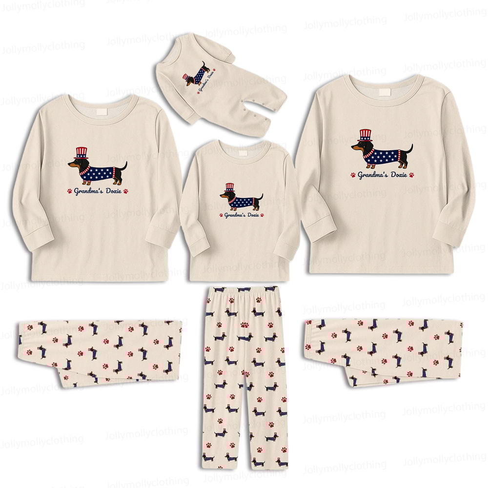 Personalized Grandma’s Doxie Family Matching Pajamas 4th of July Long Sleeve Set