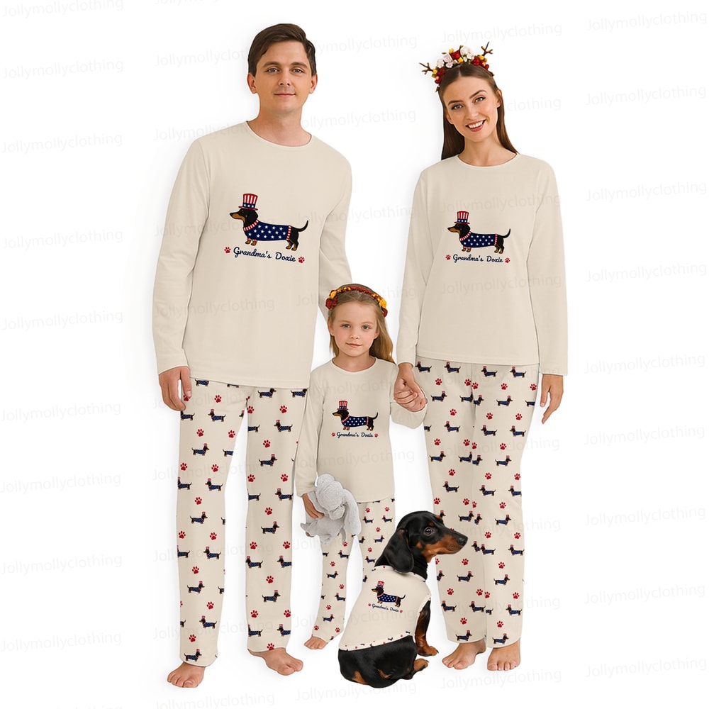 Personalized Grandma’s Doxie Family Matching Pajamas 4th of July Long Sleeve Set