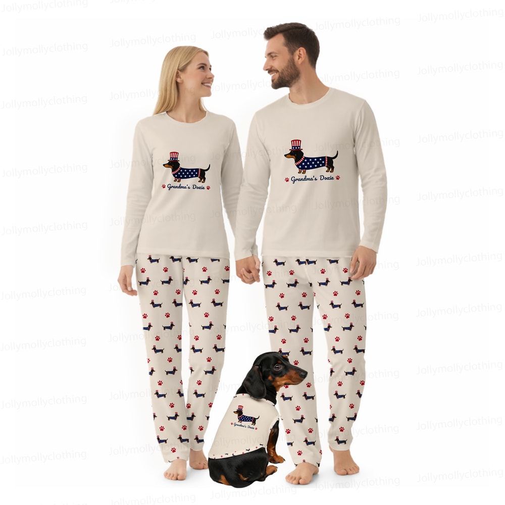 Personalized Grandma’s Doxie Family Matching Pajamas 4th of July Long Sleeve Set