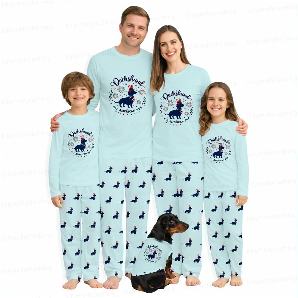Cute Dachshund Family Matching Pajamas All American Pup Long Sleeve Set