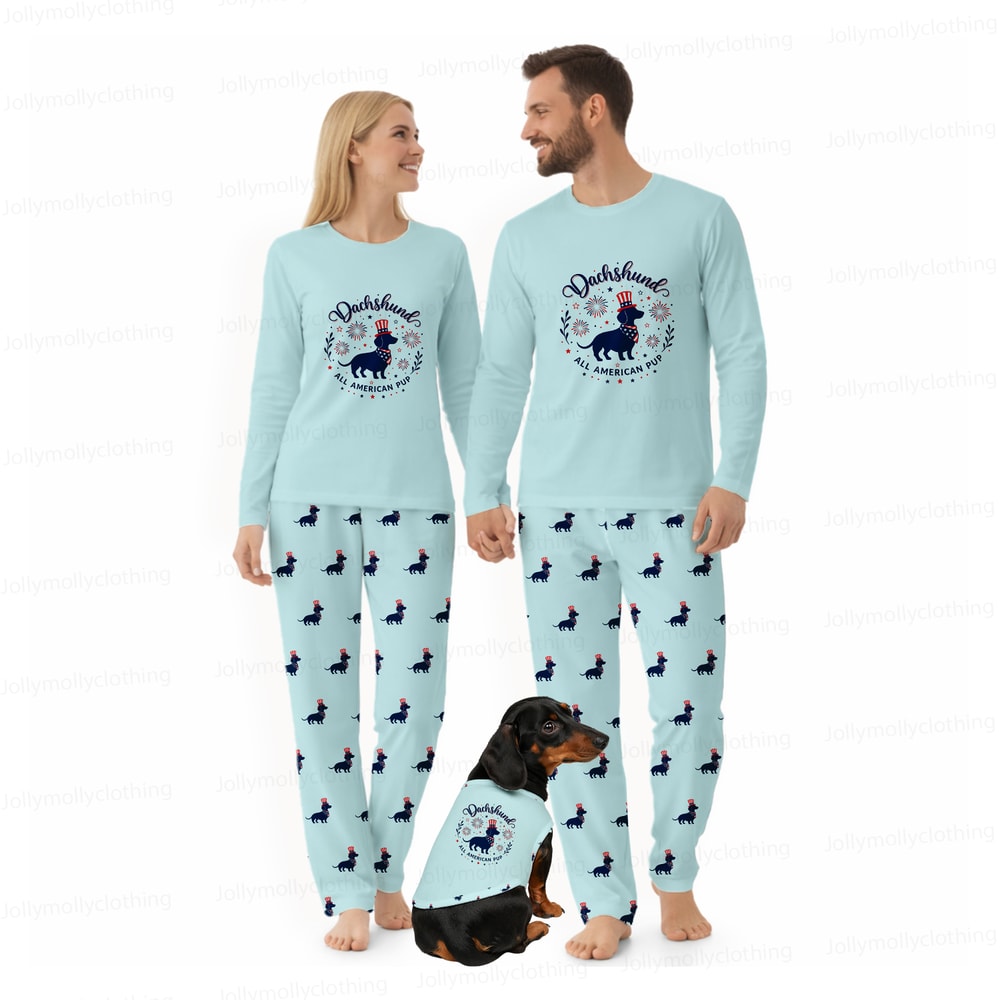 Cute Dachshund Family Matching Pajamas All American Pup Long Sleeve Set