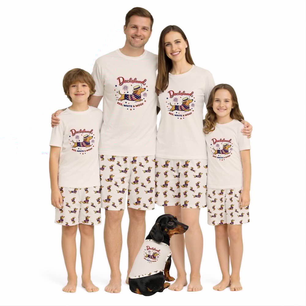 4th of July Dachshund Family Matching Pajamas Red White and Woof