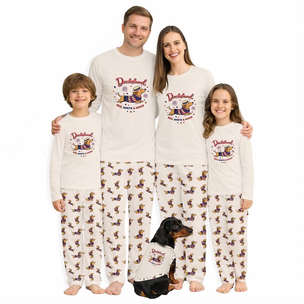 Patriotic Dachshund Family Matching Pajamas Red White and Woof Set