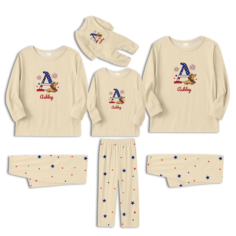 Custom Name Dachshund Family Matching Pajamas Patriotic Initial Set