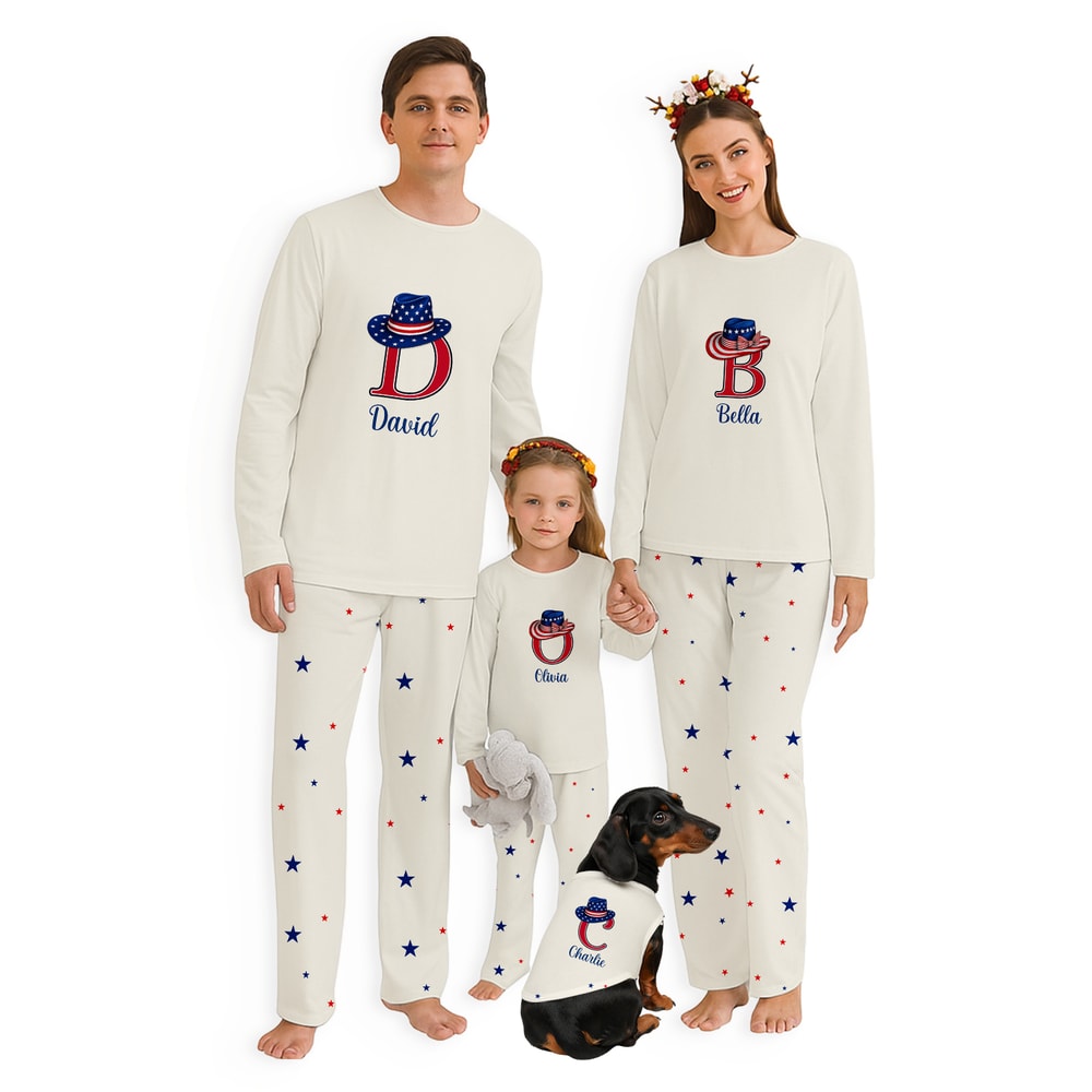 Personalized Patriotic Family Matching Pajama Set Fourth of July Sleepwear for Parents Kids Dog