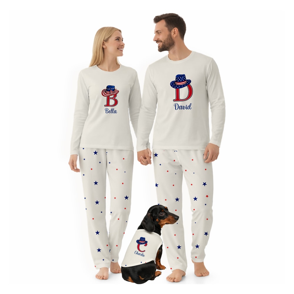 Personalized Patriotic Family Matching Pajama Set Fourth of July Sleepwear for Parents Kids Dog