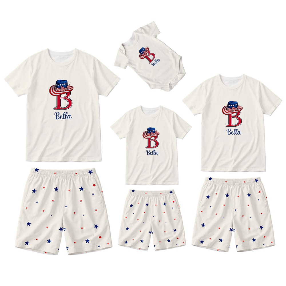 Personalized Cowboy Hat Patriotic Family Matching Short Pajama Set