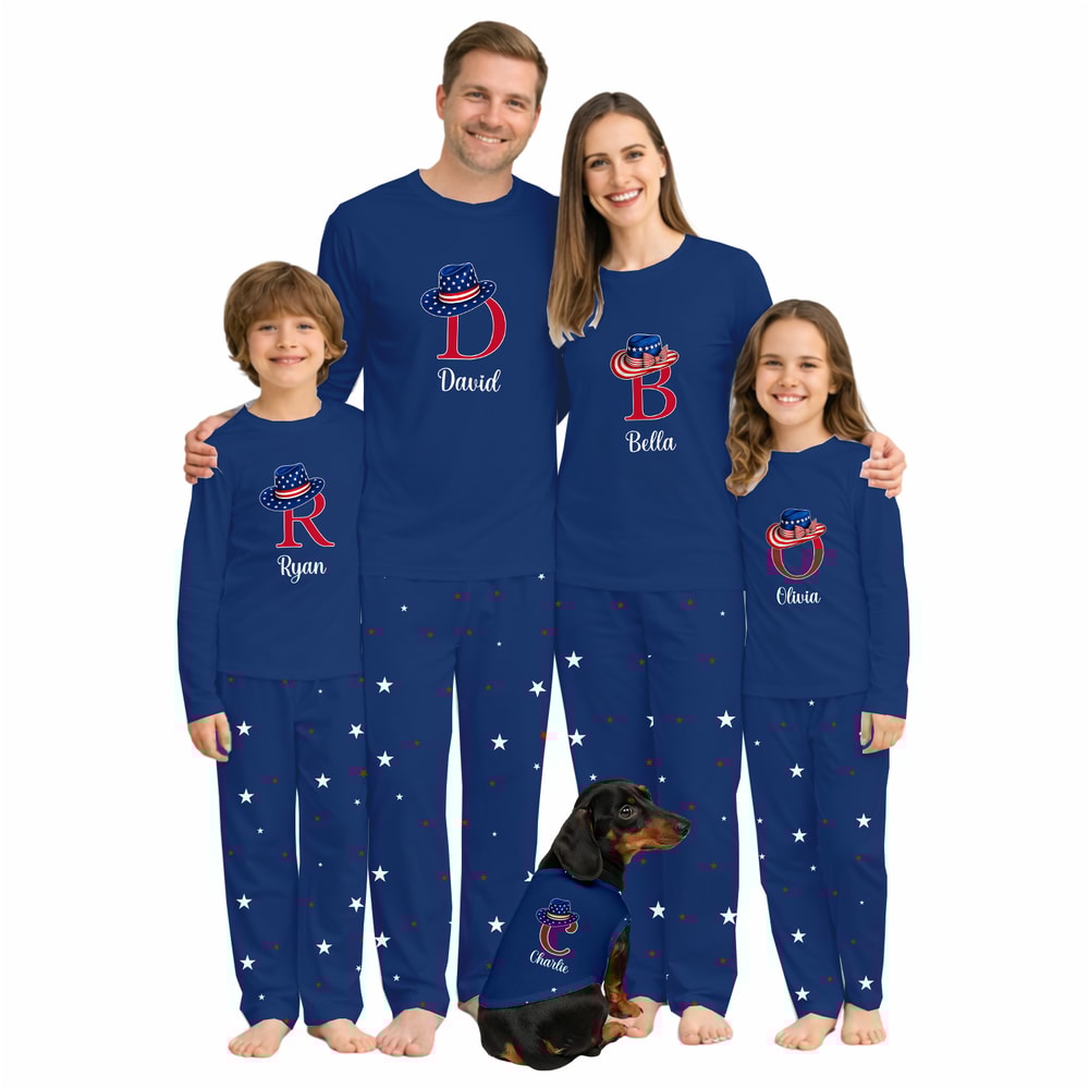 Personalized Cowboy Hat Patriotic Couple Matching Pajama Set with Pet Blue Family Sleepwear