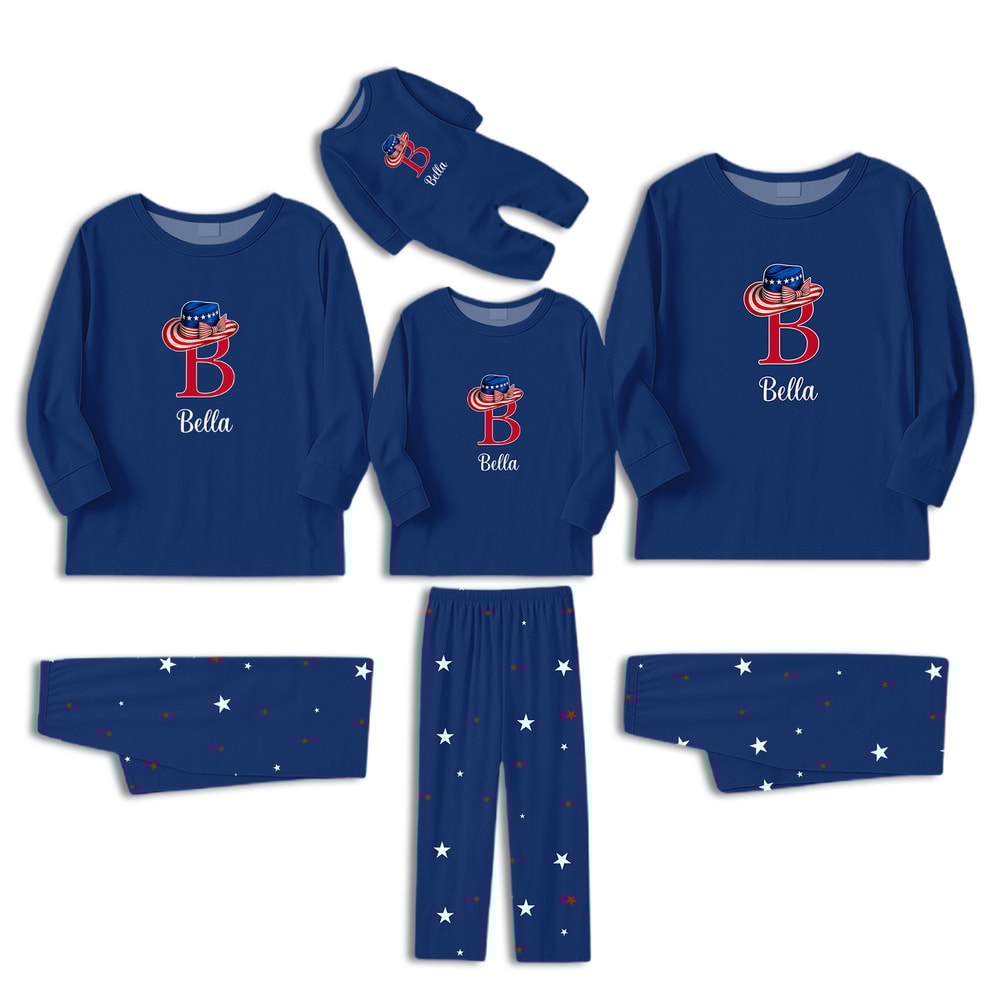 Personalized Cowboy Hat Patriotic Couple Matching Pajama Set with Pet Blue Family Sleepwear