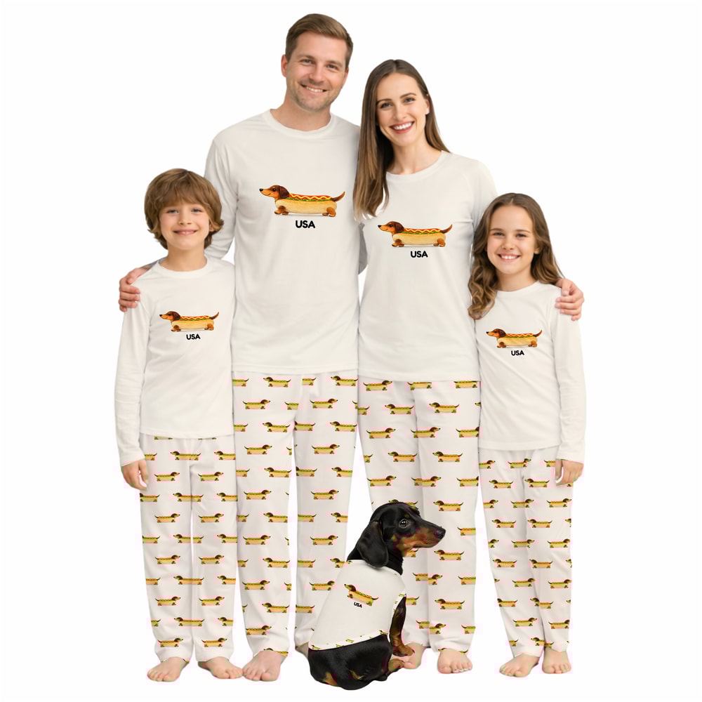 Personalized Sausage Dog Family Matching Pajama Set Custom Text Design