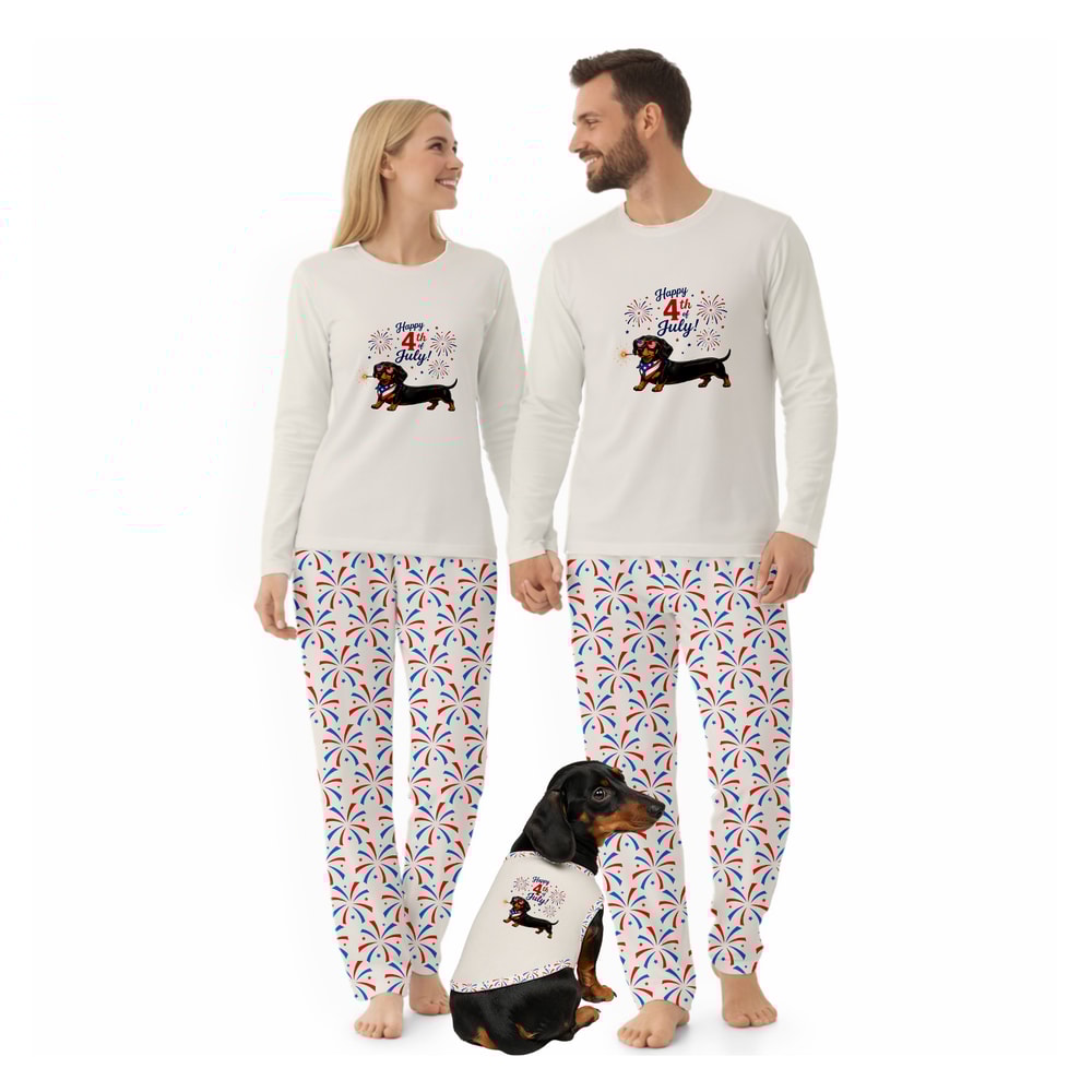 Family Matching 4th of July Pajama Set with Dachshund Fireworks Design