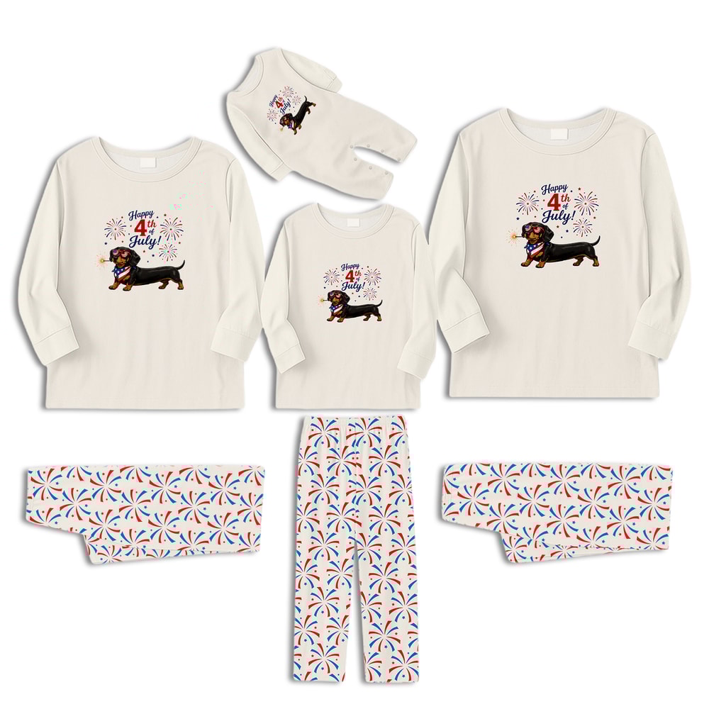 Family Matching 4th of July Pajama Set with Dachshund Fireworks Design