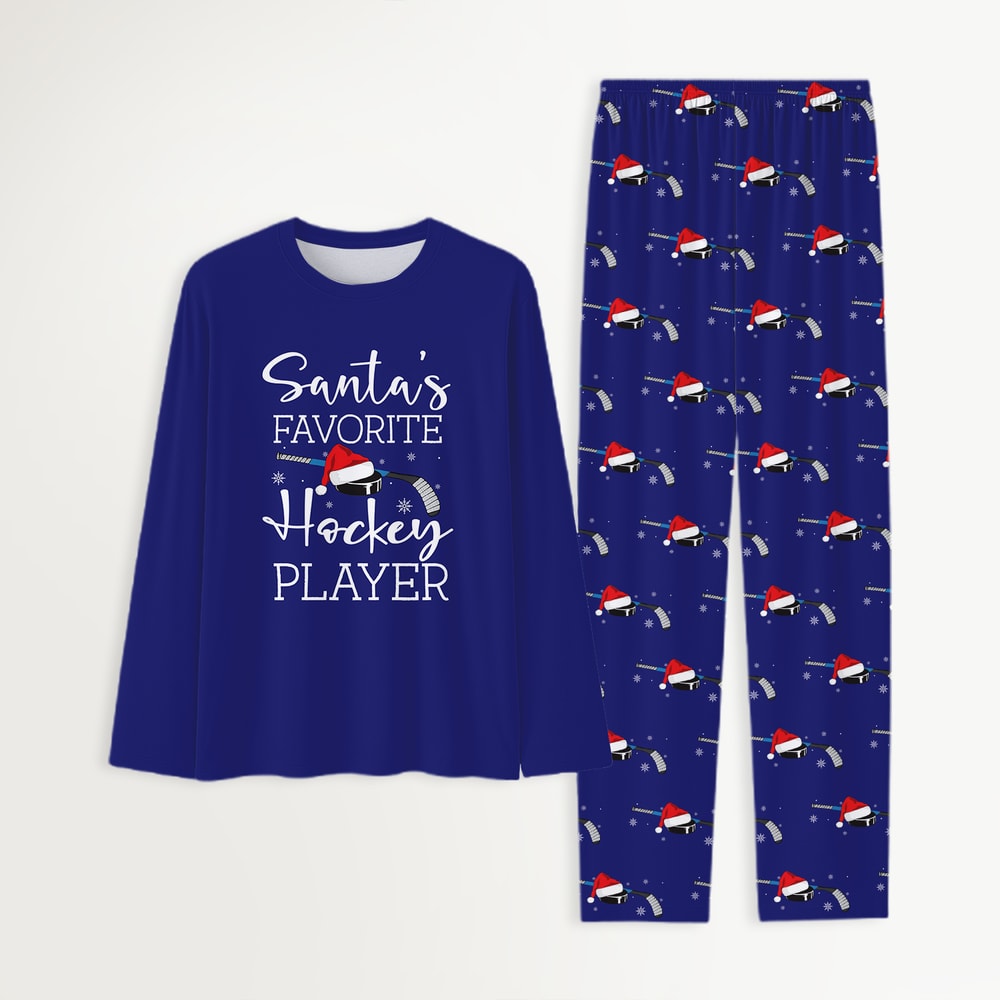 Navy Blue Santa's Favorite Hockey Player Family Matching Pajamas Set