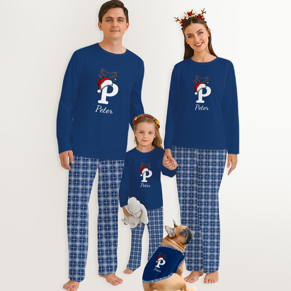 Personalized Christmas Monogram Blue Family Matching Pajamas