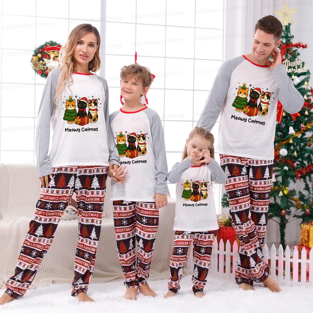 Meowy Catmas Family Pajamas with Cute Christmas Cats and Holiday Print Pants
