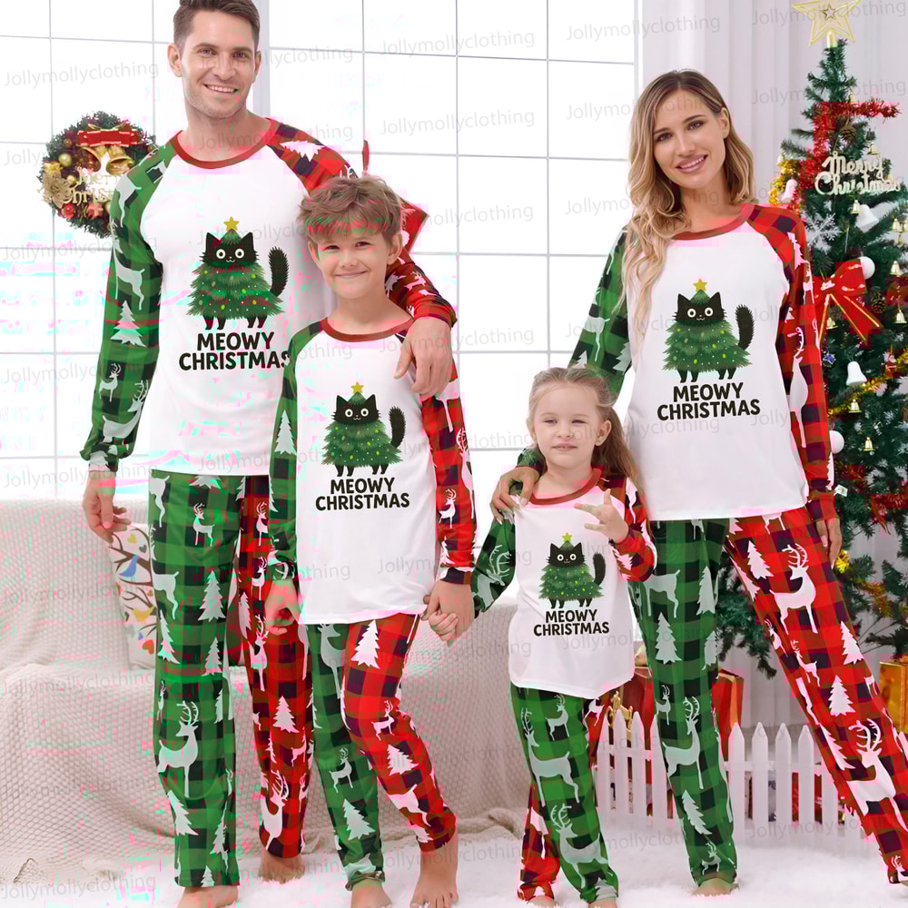 Family Christmas Pajama Set Meowy Christmas Cat Design