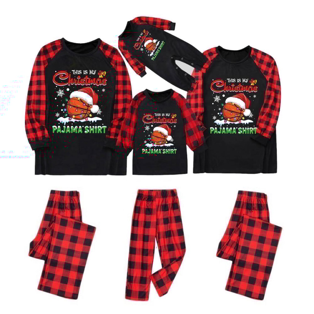 Red Plaid Basketball Christmas Pajama Shirt Matching Family PJs Set"