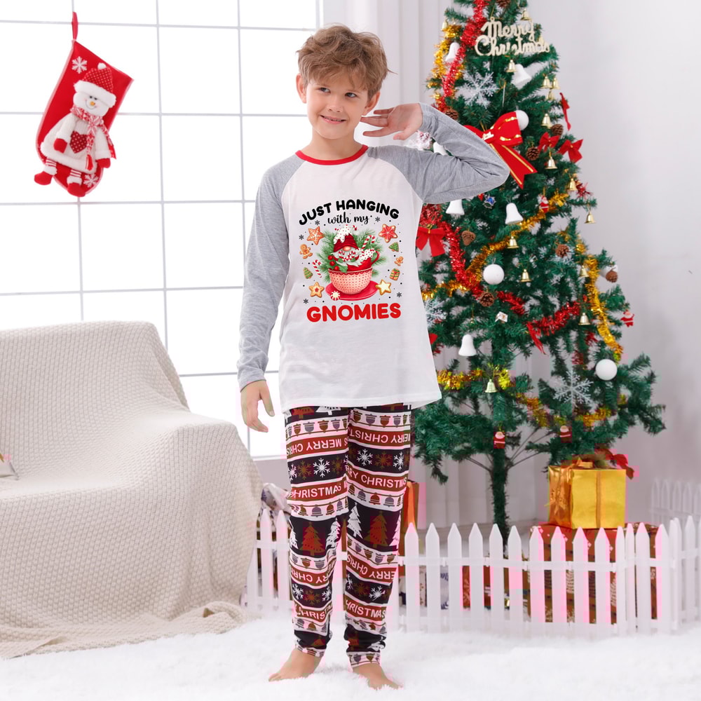 Just Hanging With My Gnomies Christmas Family PJs Gray Merry Christmas