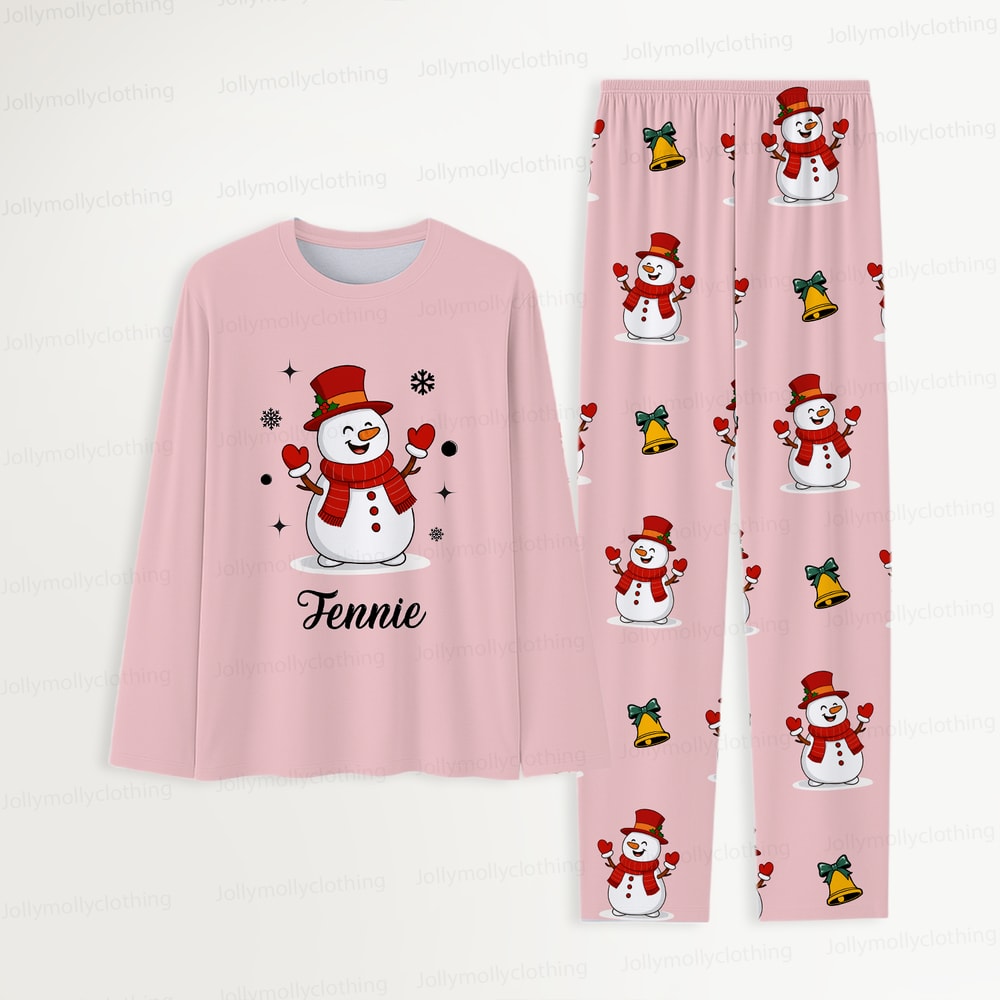 Custom Name Pink Snowman Matching Holiday Pajamas for Family & Dog