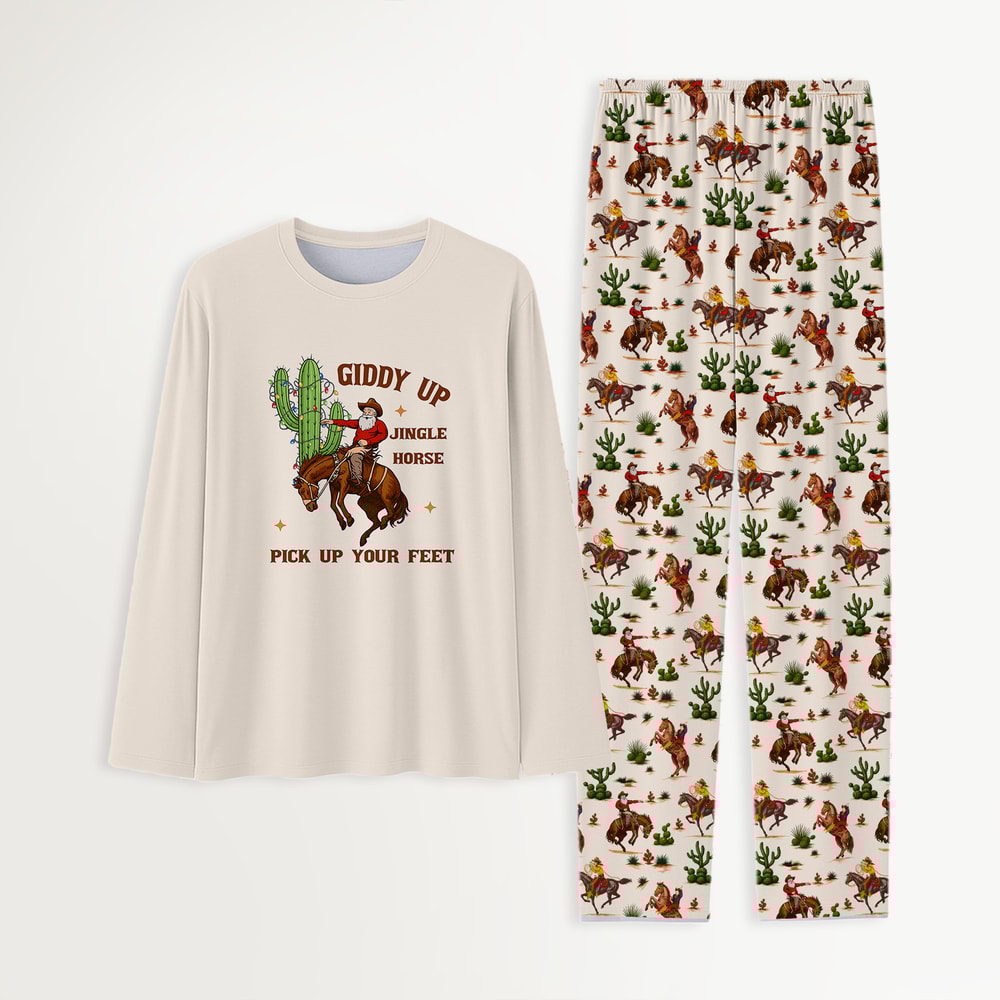 Rustic Western Christmas Pajamas Family Matching Giddy Up Jingle Horse Set