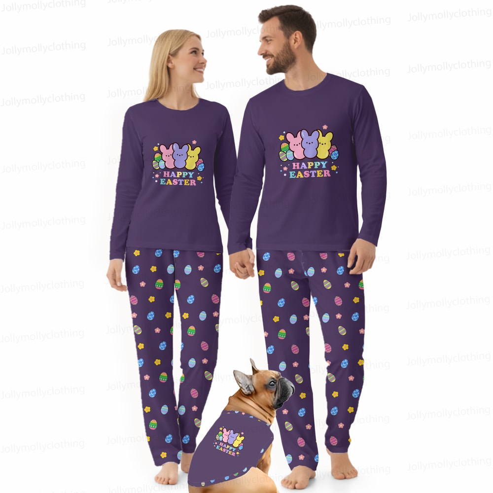 Happy Easter Matching Family and Dog Pajama Set Purple Long Sleeve Sleepwear