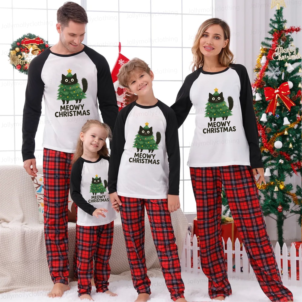 Festive Meowy Christmas Matching Family PJs with Cat Print