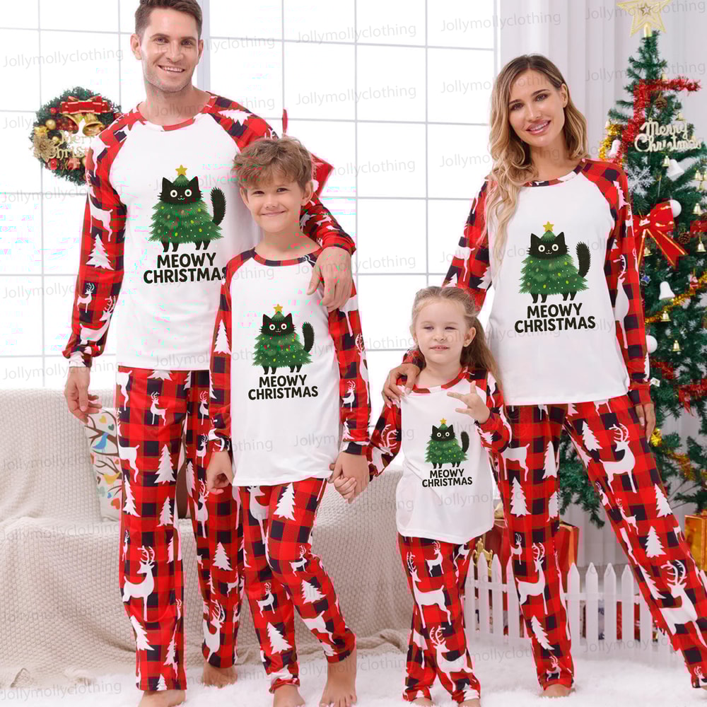 Family Christmas Pajama Set Meowy Christmas Cat Design in Red Reindeer Check