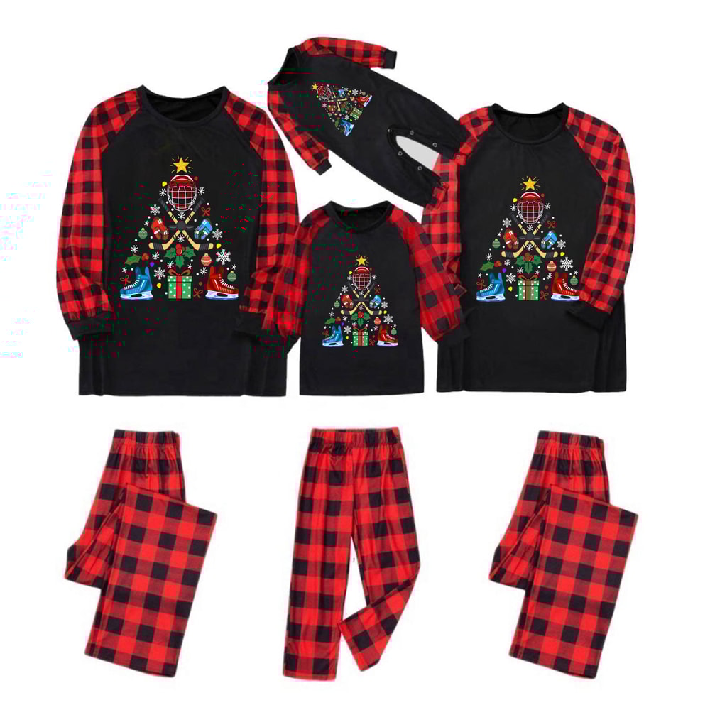 Hockey Equipment Christmas Tree Family Matching Pajamas Red Plaid