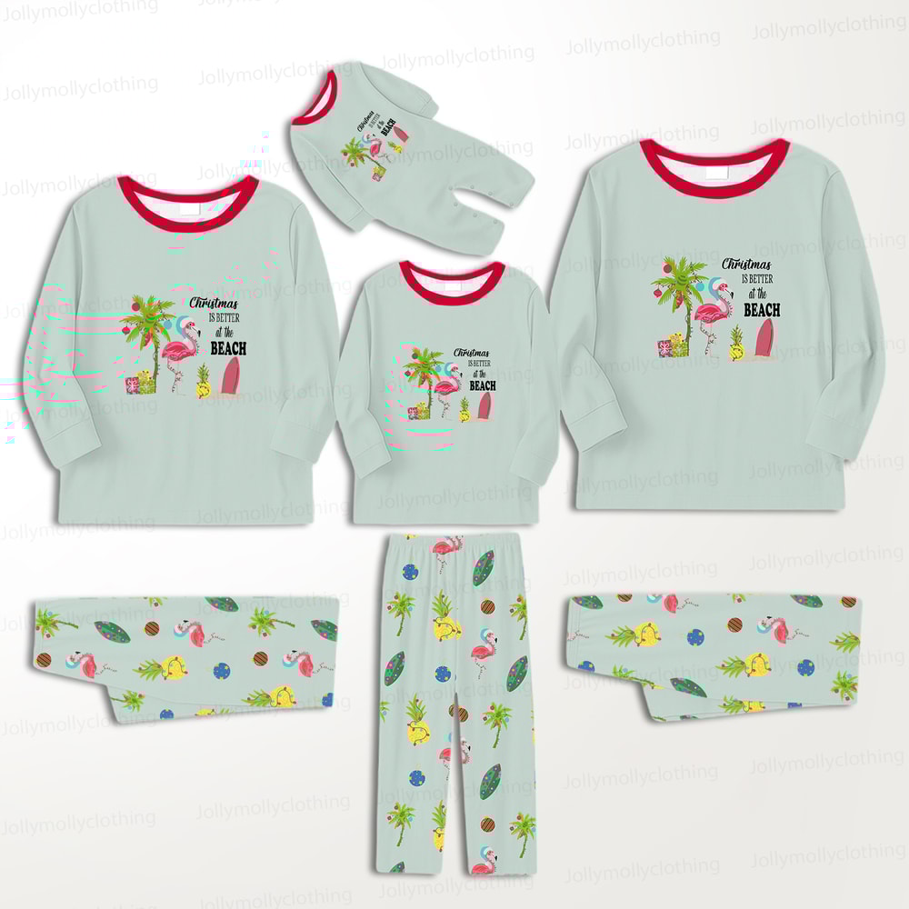 Beach Theme Mint Green Matching Family Christmas Sleepwear with Pet Shirt