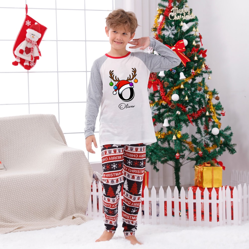 Gray Monogrammed Name Christmas Family Pajamas Merry Christmas Print