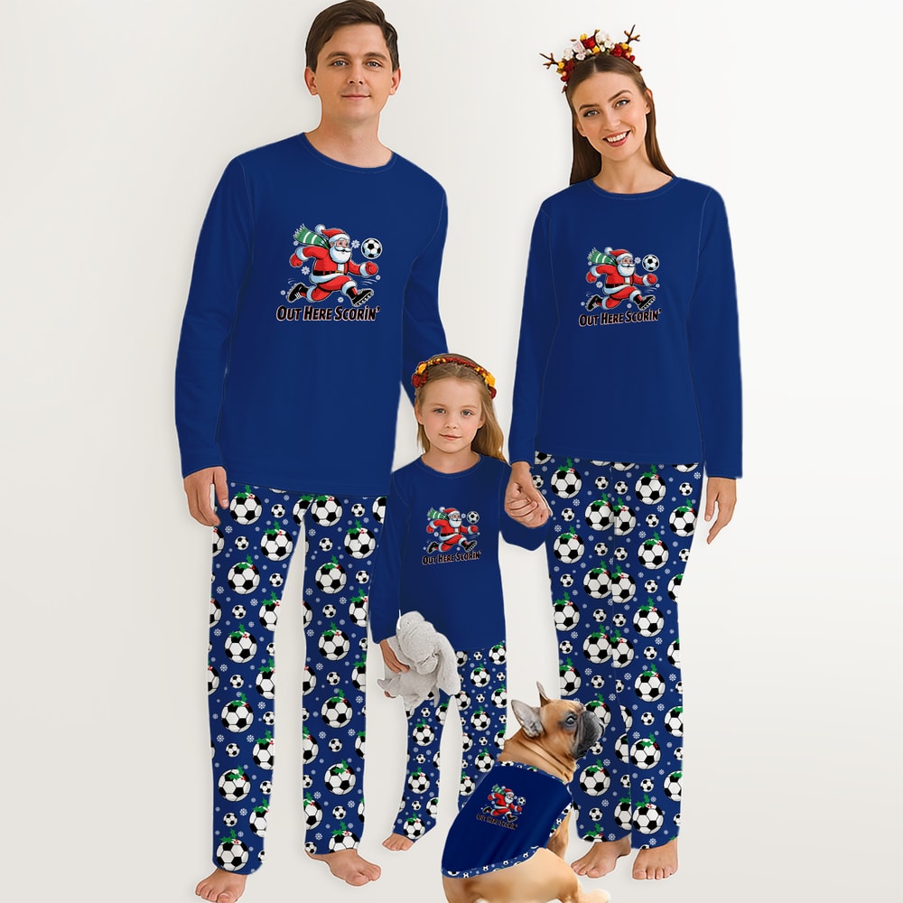 Out Here Scorin Santa Soccer Matching Family Christmas Pajamas Navy Blue Set