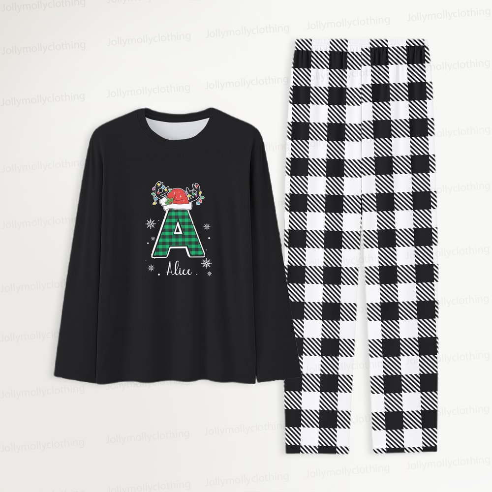 Custom Name Monogram Christmas Pajama Set for Matching Families Black and White