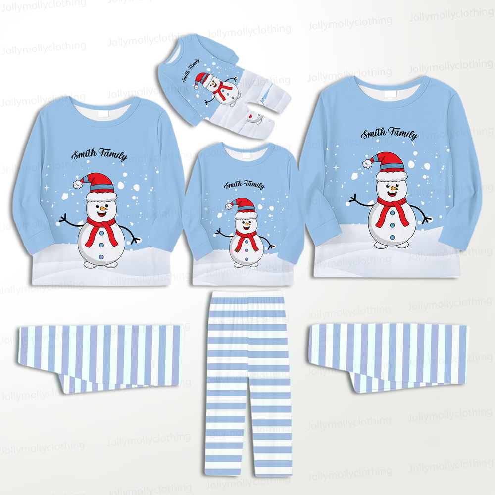 Custom Name Blue Snowman Holiday Pajamas for Family & Dog