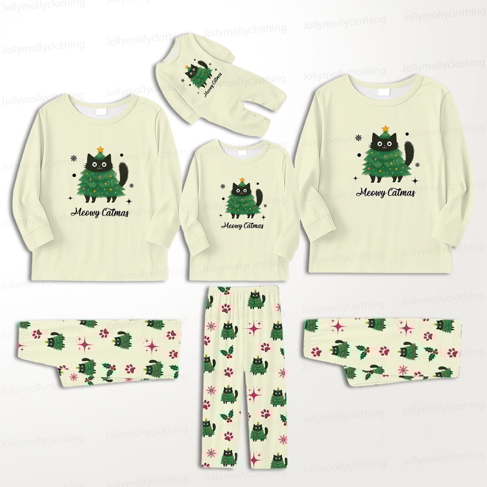 Meowy Catmas Matching Family Christmas Pajamas with Festive Cat Print and Pet Outfit