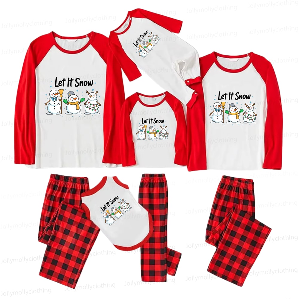 Let It Snow Snowmen Festive Family Pajamas with Classic Red Plaid Pants