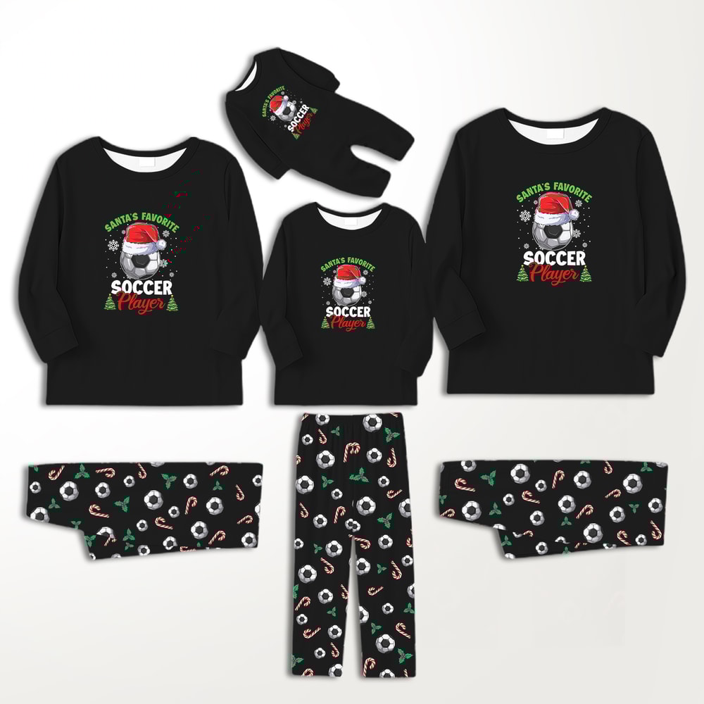 Soccer Christmas Family Pajamas Santa Hat Black Matching Set