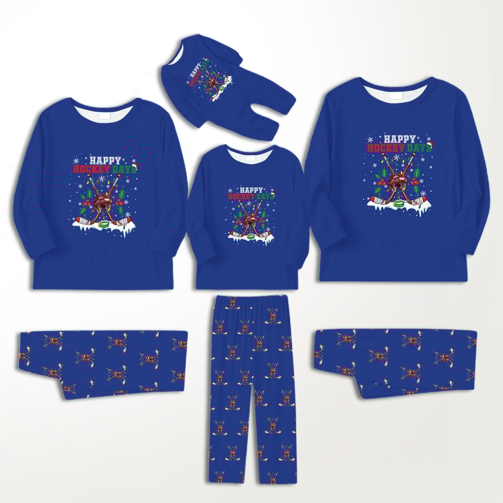 Happy Hockey Days Christmas Family Matching Pajamas Blue Set