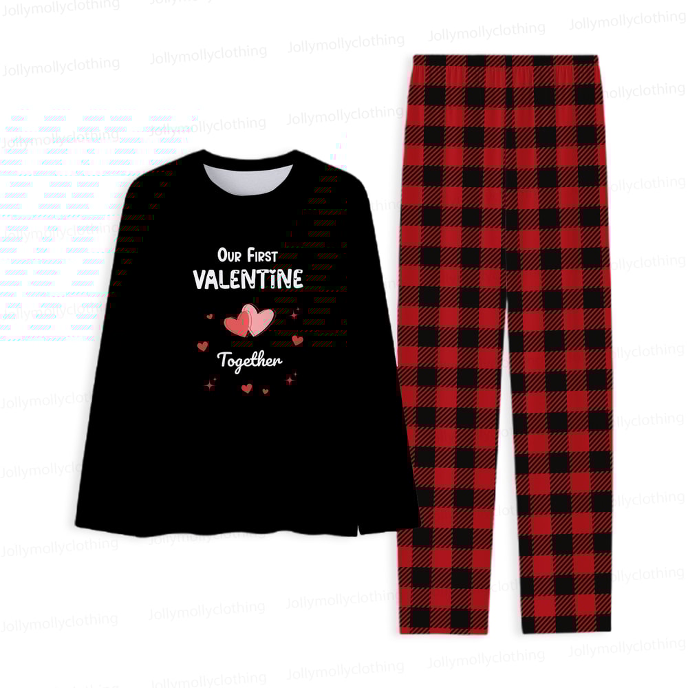 Our First Valentine Together Couples Pajamas Black Long Sleeve Plaid Set