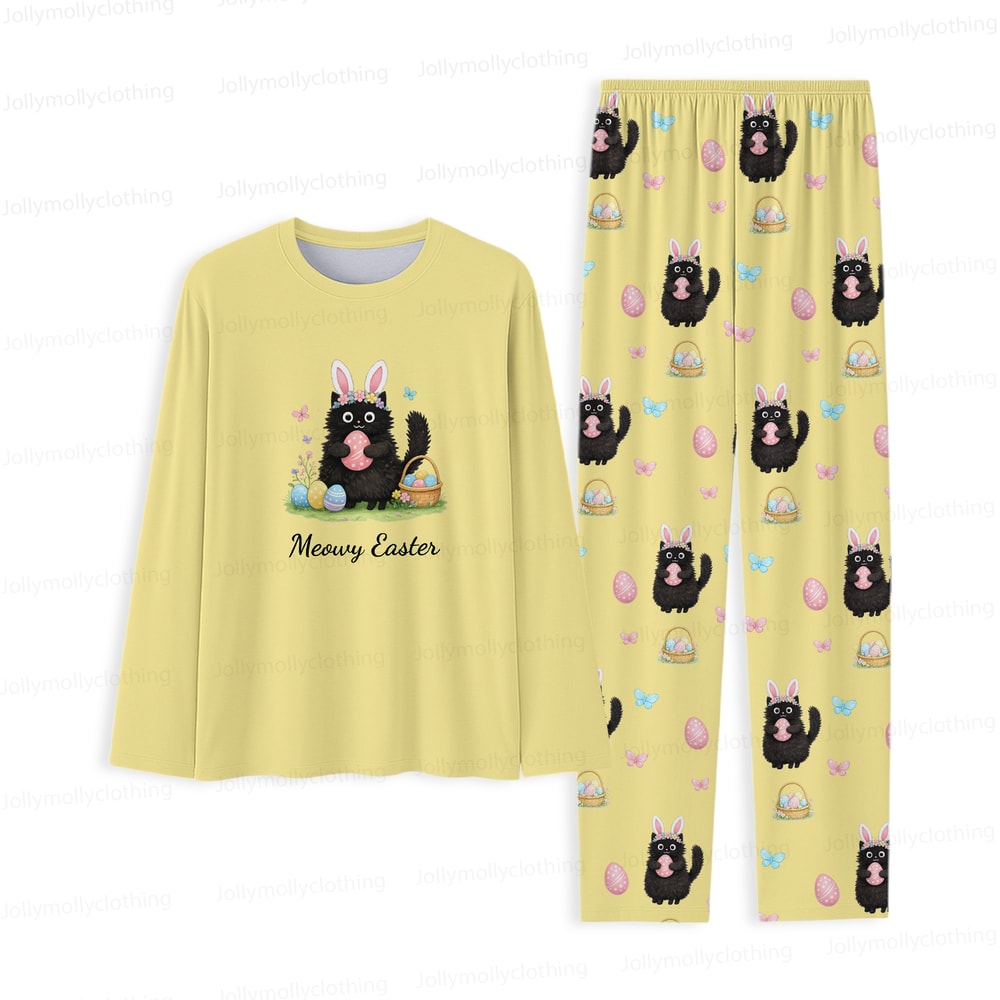 Easter Matching Family Pajamas Yellow Set Long Sleeve Cat Bunny Print Sleepwear for Mom Dad Kids
