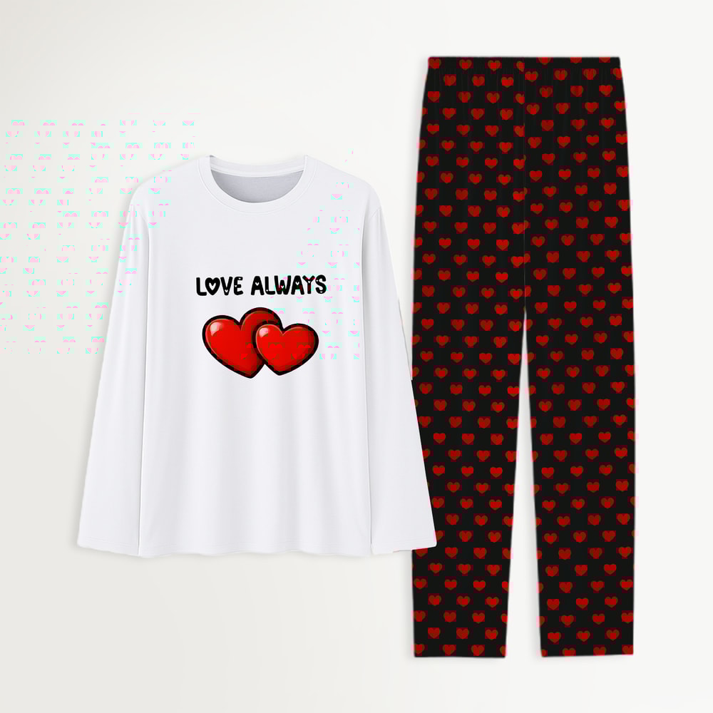 Couples Matching Pajamas Set Love Always Heart Print Long Sleeve Sleepwear