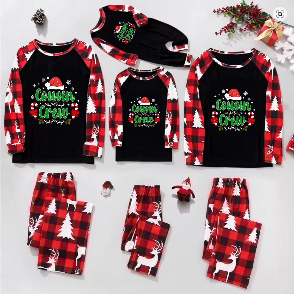 Black Red Reindeer Cousin Crew Christmas Pajamas Set