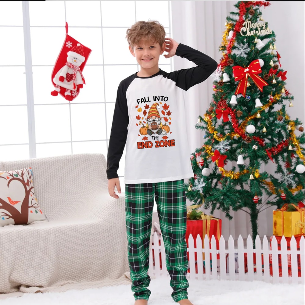 Green Plaid Fall Into End Zone Football Thanksgiving Family Matching Pajamas