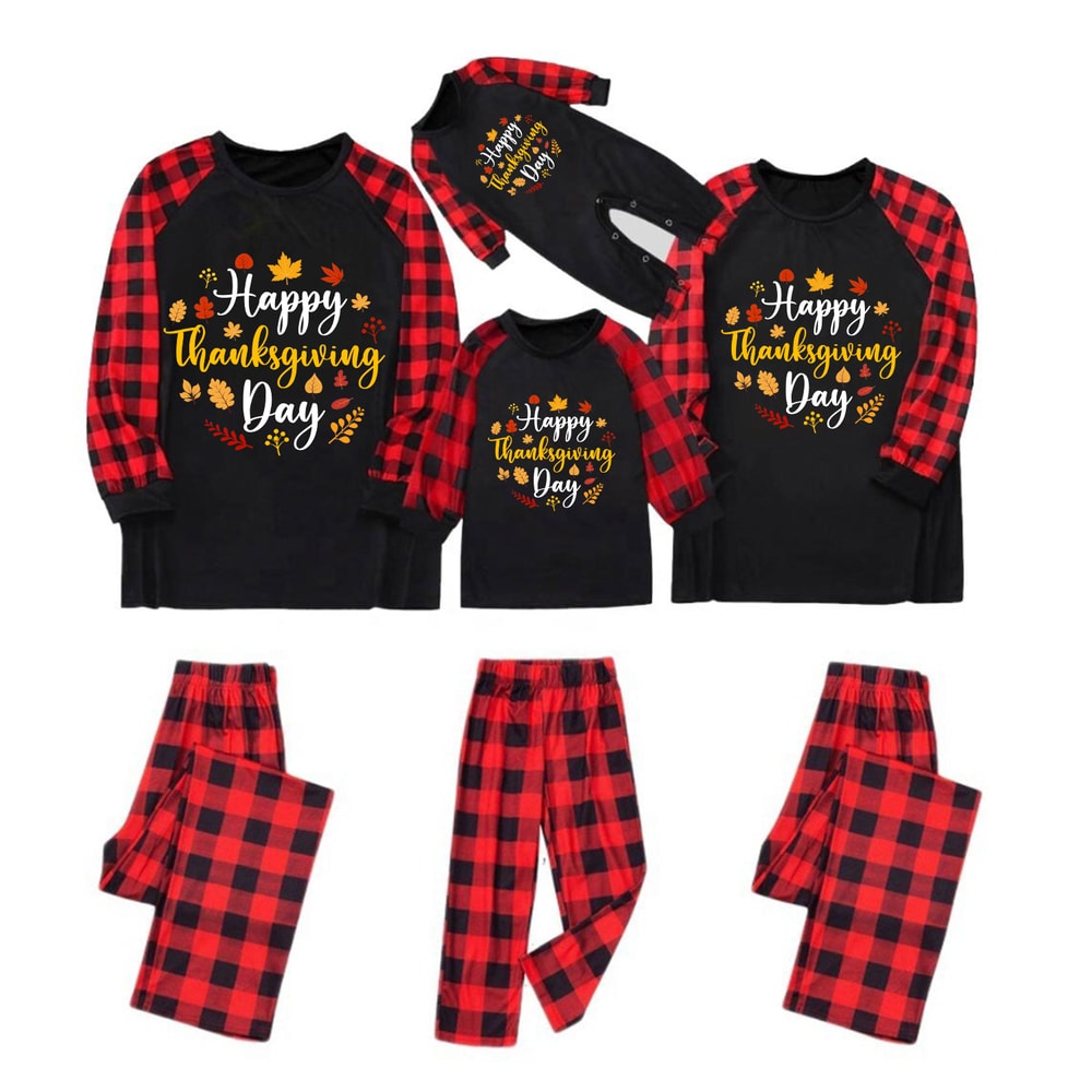 Happy Thanksgiving Day Family Matching Pajamas Red Black Buffalo Plaid