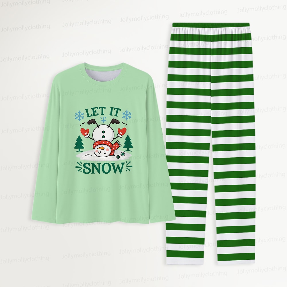 Let It Snow Green Striped Family Christmas Matching Pajamas