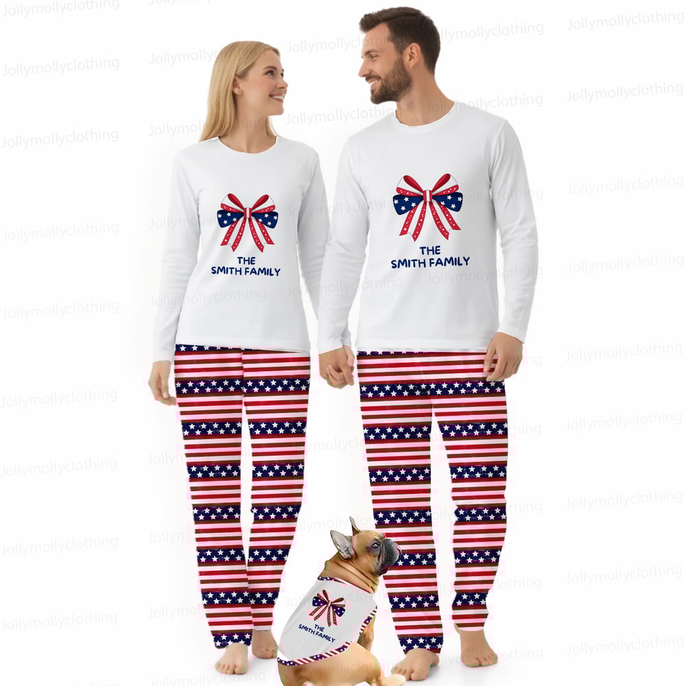 Personalized Patriotic Bow Matching Family Pajamas Custom Family Name Set