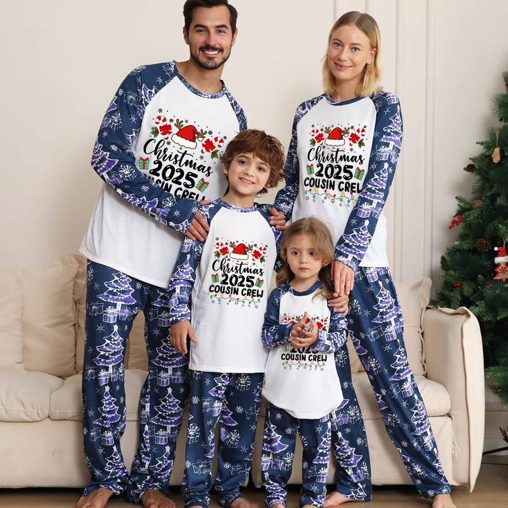 Family Holiday Sleepwear 2025 Blue and White Christmas Tree Pattern
