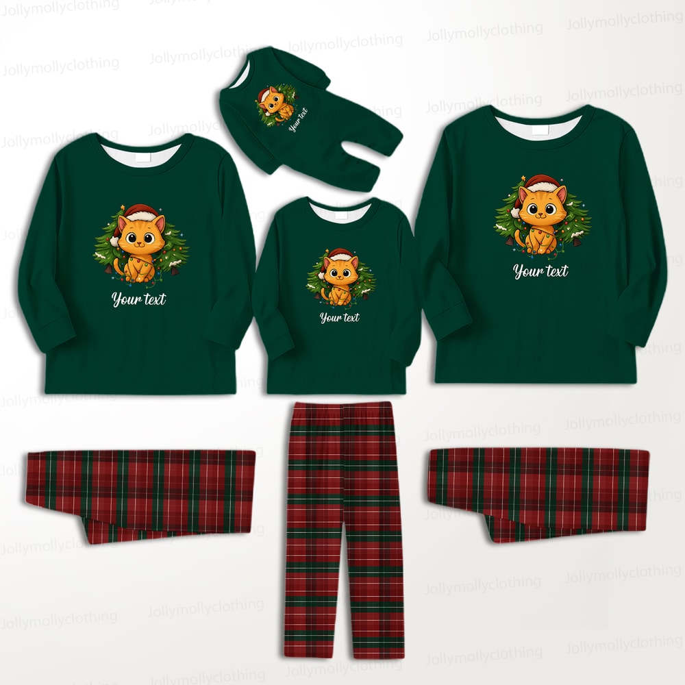 Personalized Christmas Cat Family Pajamas with Custom Text and Red Plaid Pants