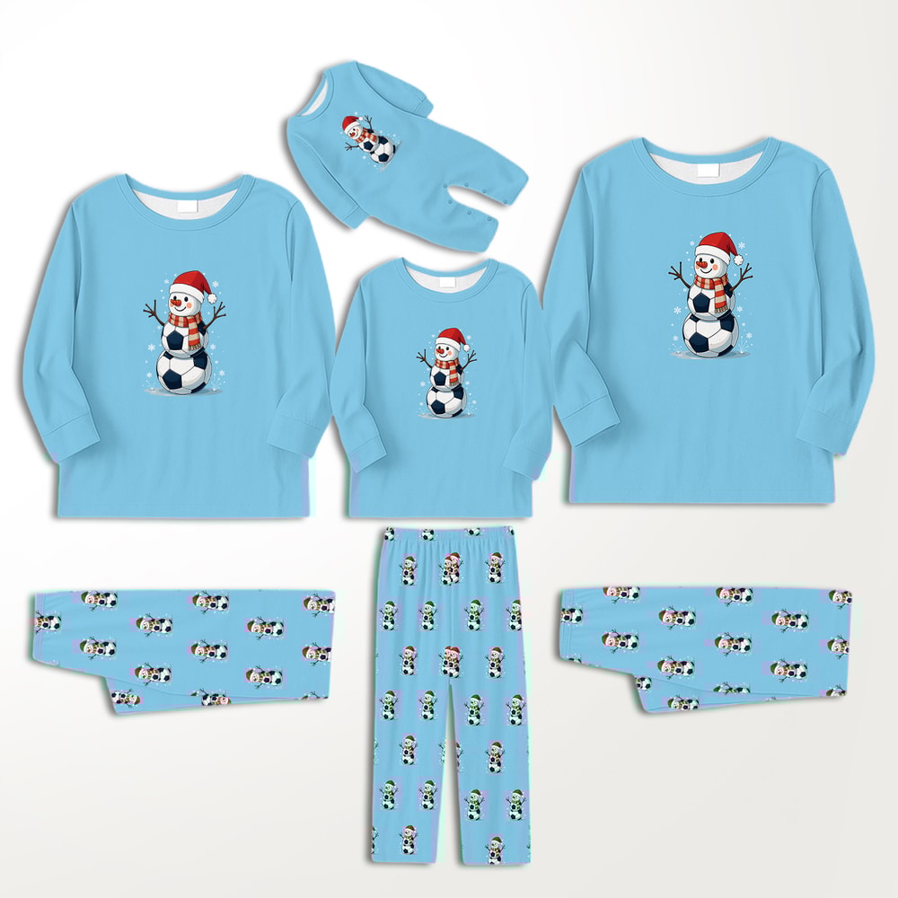 Blue Christmas Soccer Snowman Family Matching Pajamas