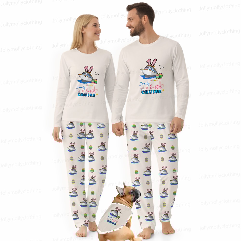 Family Easter Cruise Matching Pajamas with Dog Cream Long Sleeve Sleepwear