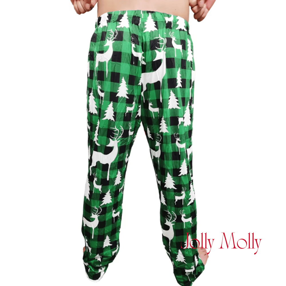 Christmas Reindeer Green Buffalo Plaid Pajama Pants with Pockets